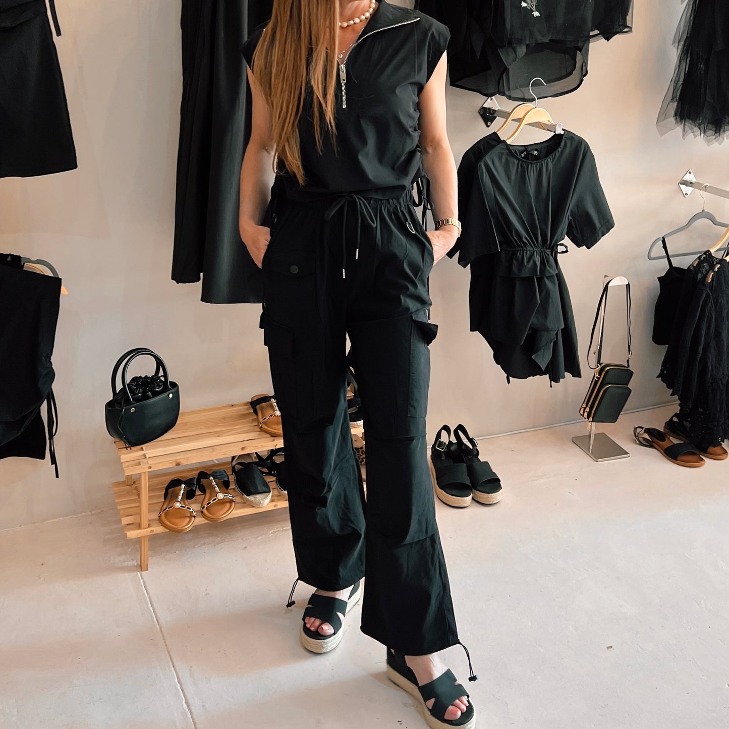 Black Zip Drawstring Top