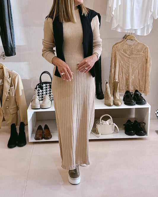 Beige A Line Knitted Dress