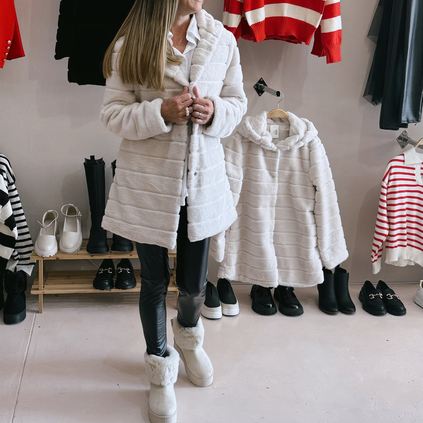 Fur Hooded Coat Beige