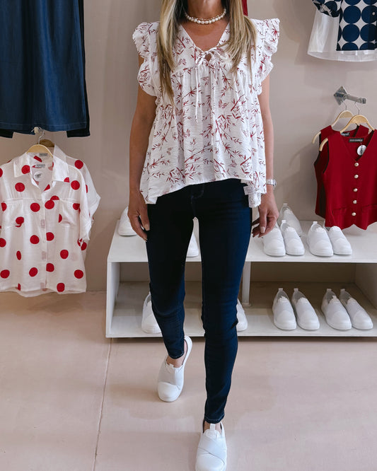 White Print Tops Red