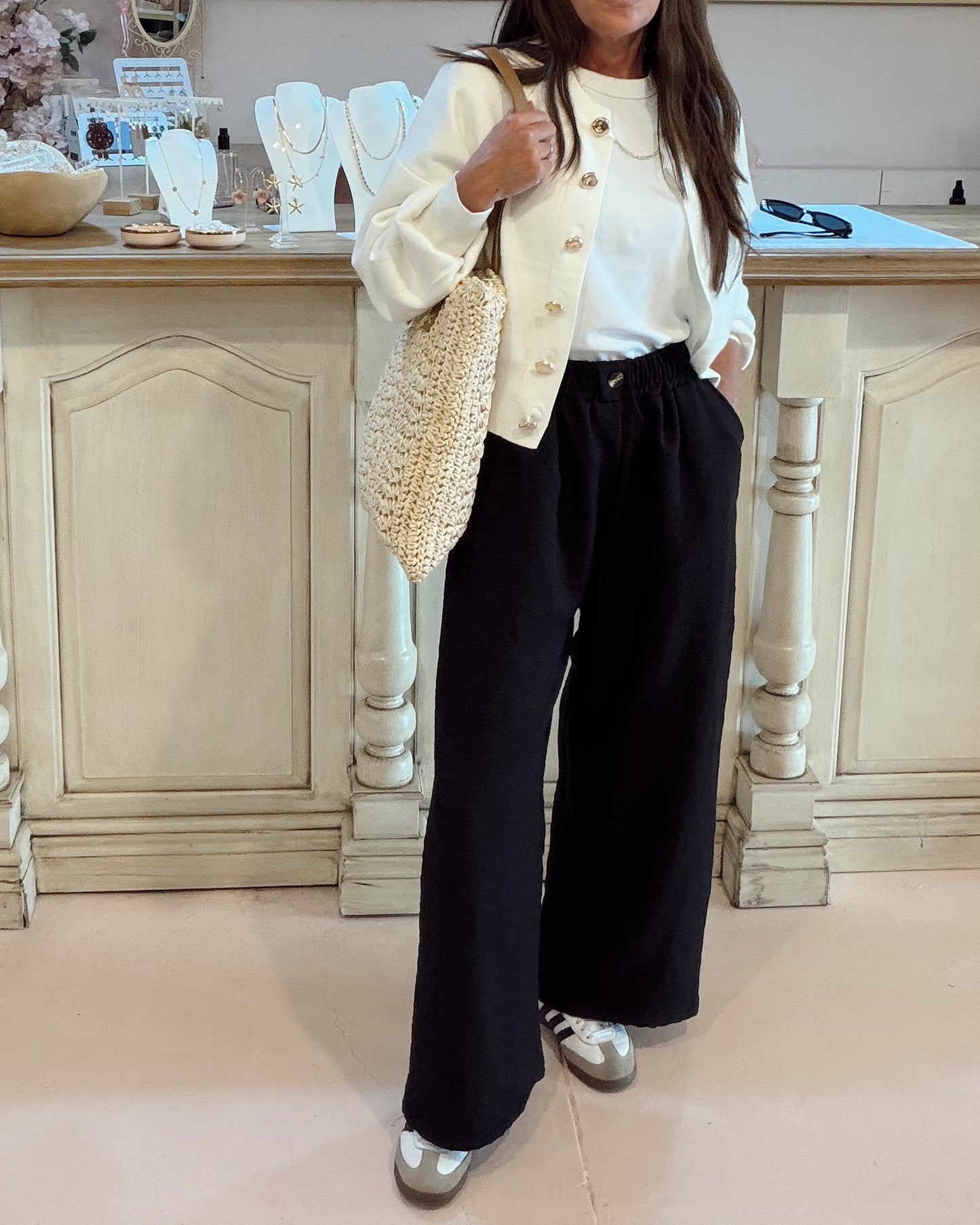 Gold Button Cardigan White