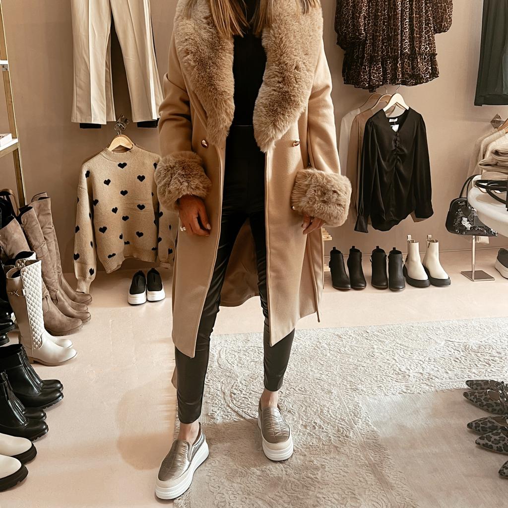 Beige Fur Trim Long Coat