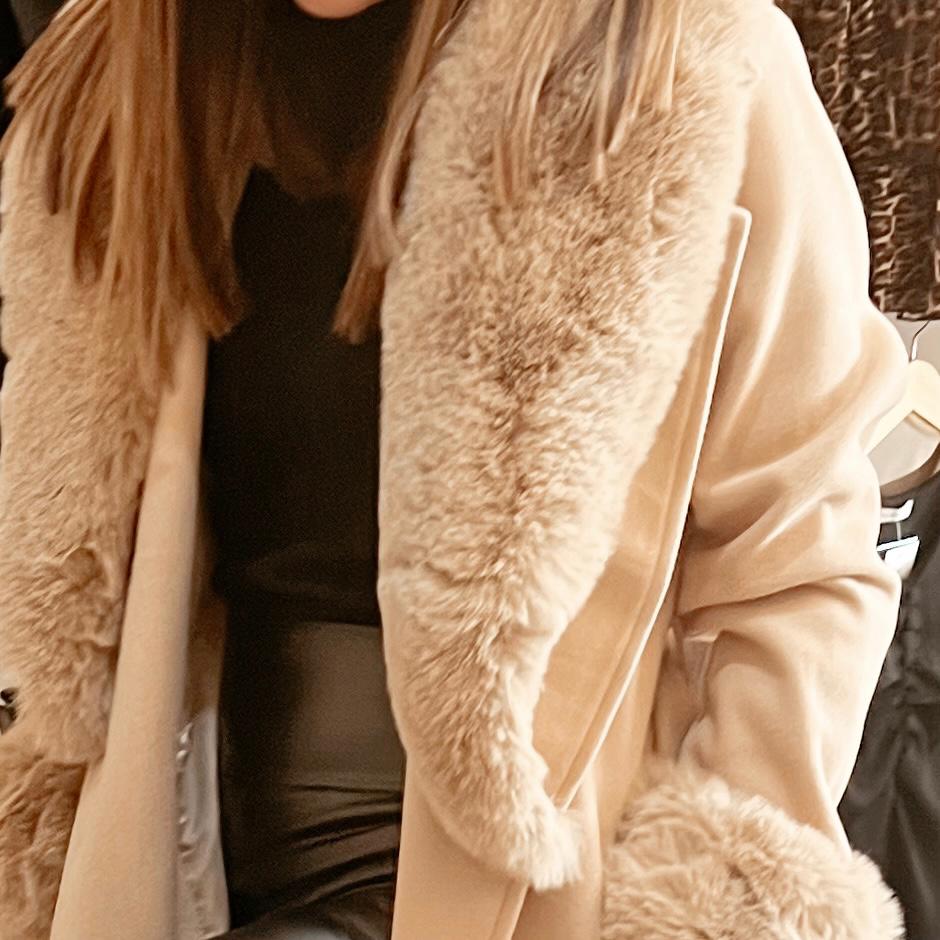 Beige Fur Trim Long Coat