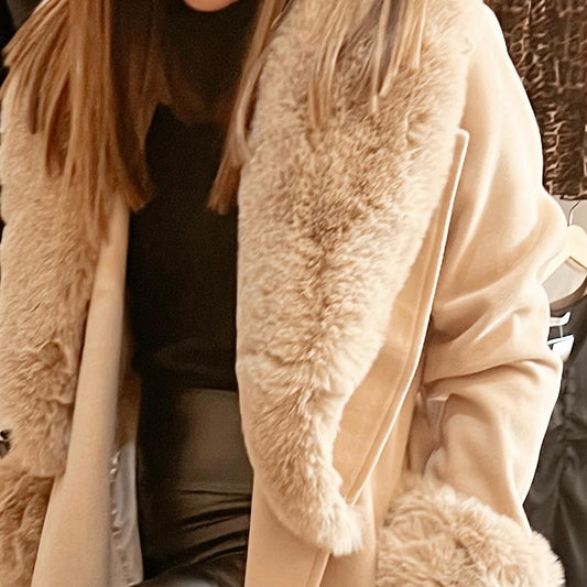 Beige Fur Trim Long Coat