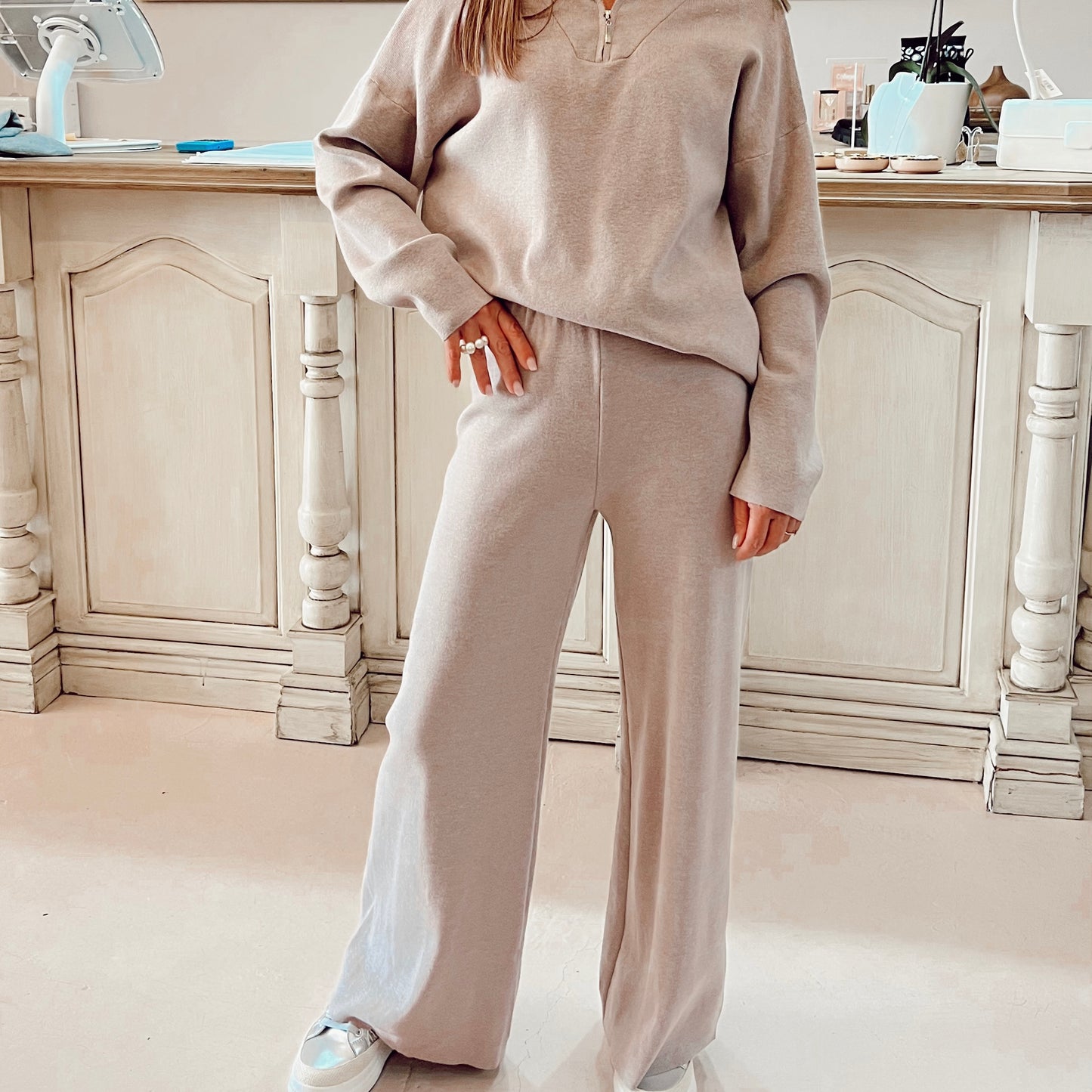 Beige Zipped Lounge Set