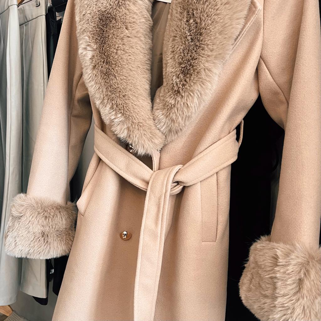 Beige Fur Trim Long Coat