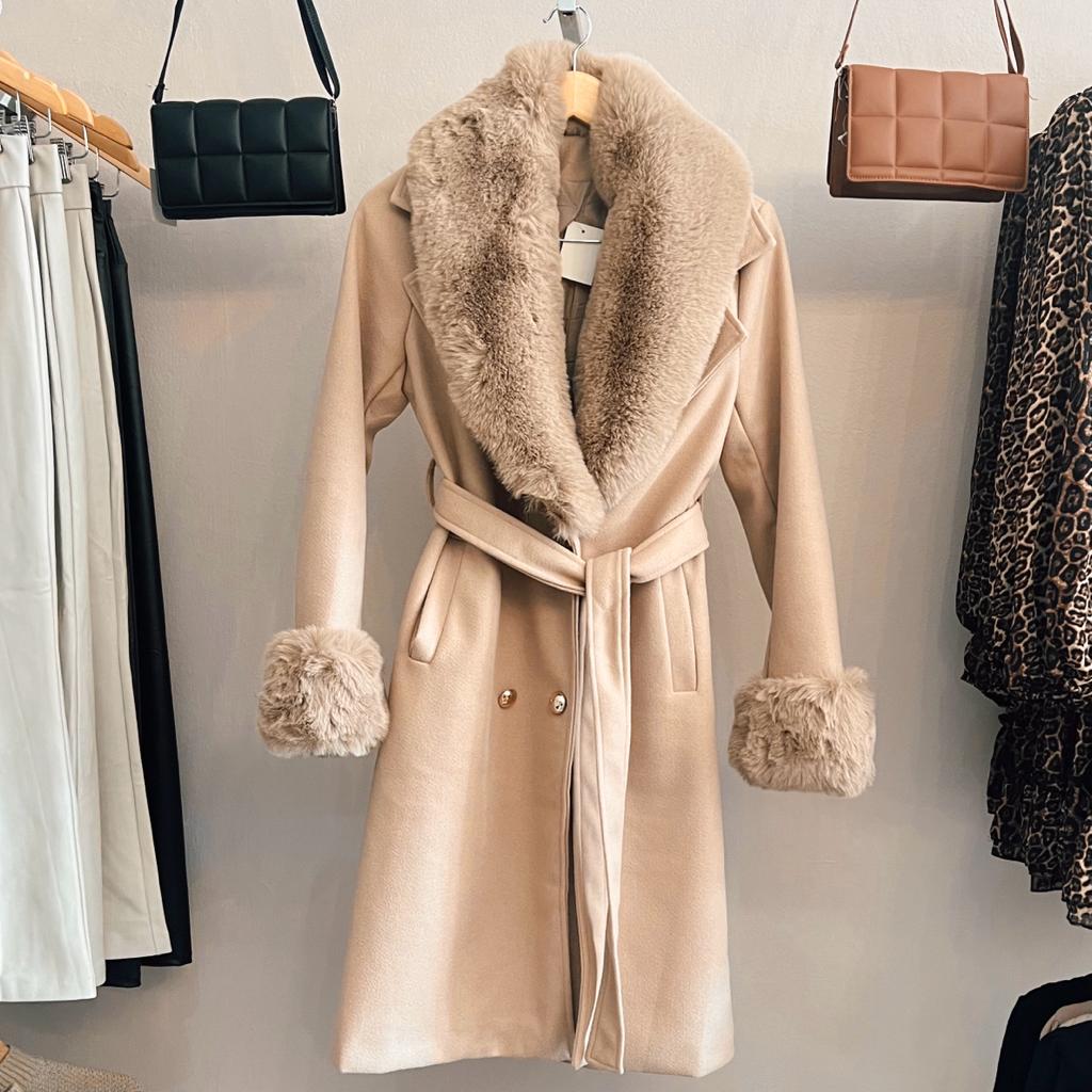 Beige Fur Trim Long Coat