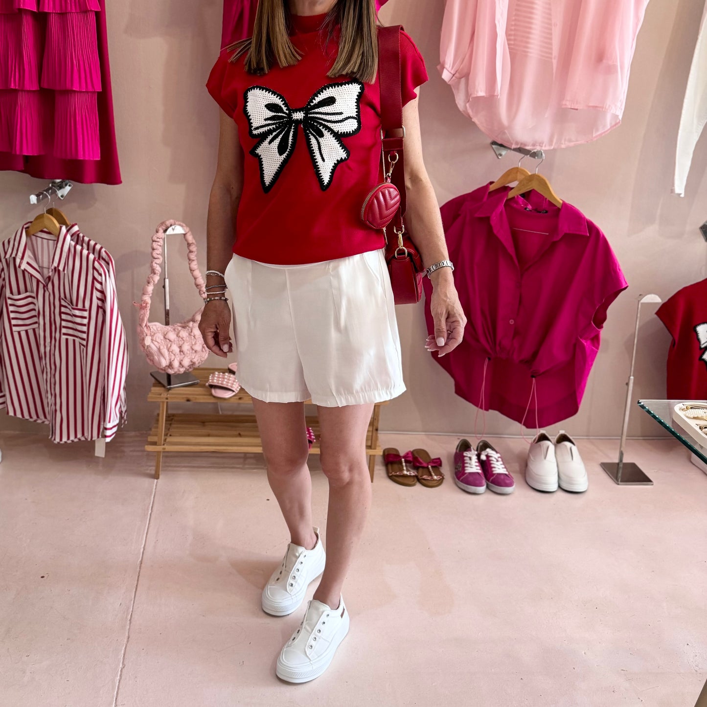 Knitted Bow Top Red