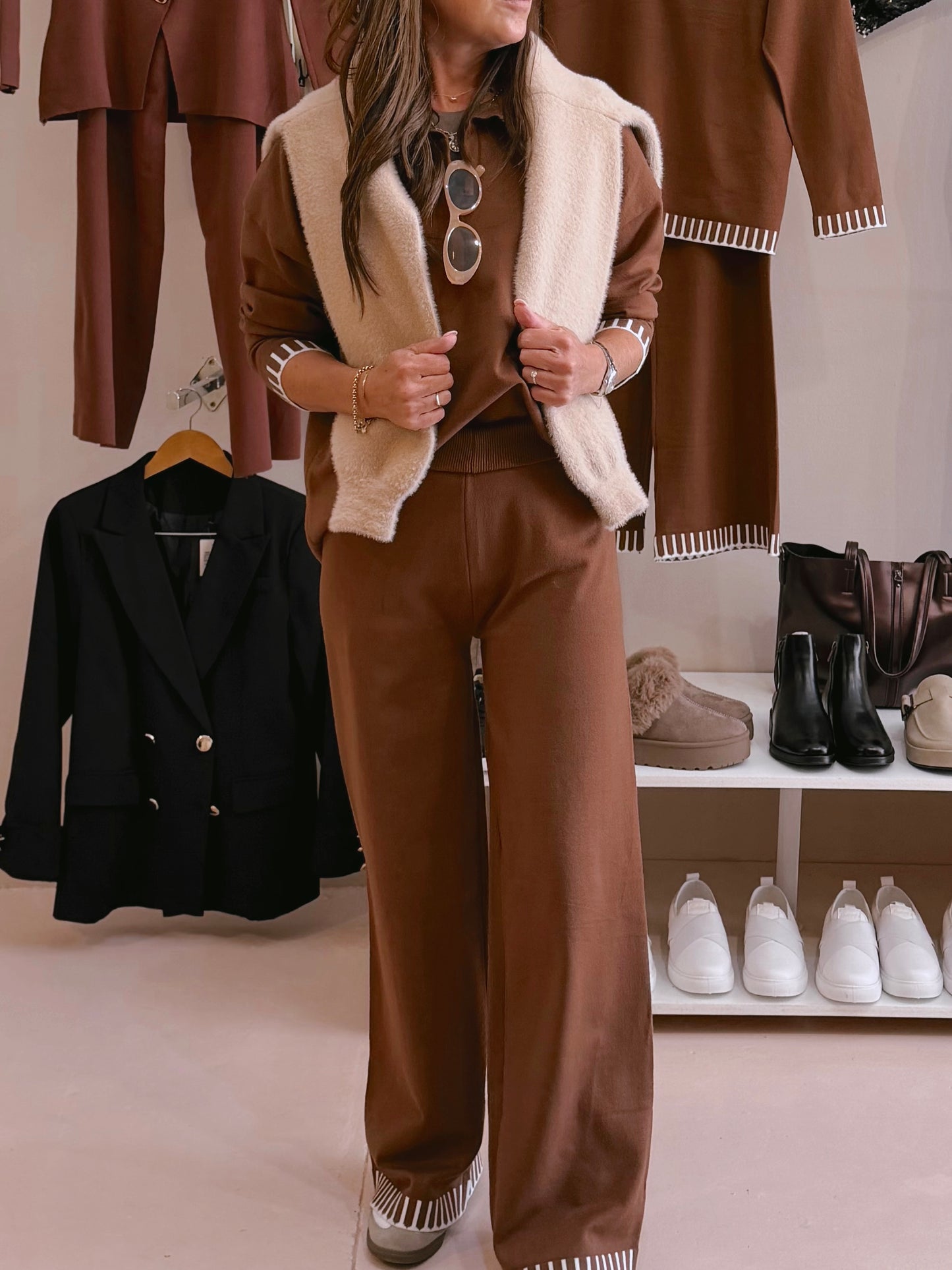 Stripe Trim Lounge Set Coffee